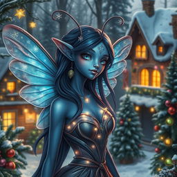 A beautifully detailed digital art image of a blue-skinned female alien moth person, exuding holiday magic with her shimmering iridescent wings that sparkle with festive lights