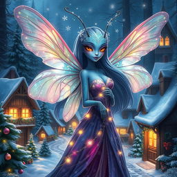 A beautifully detailed digital art image of a blue-skinned female alien moth person, exuding holiday magic with her shimmering iridescent wings that sparkle with festive lights