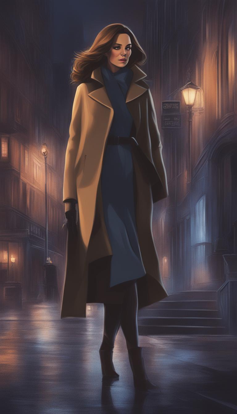 A Disney-style digital art piece with noir aesthetics, depicting Kate Middleton, the Duchess of Cambridge, in a detective coat, wandering through the dark, brooding streets of Gotham City at night