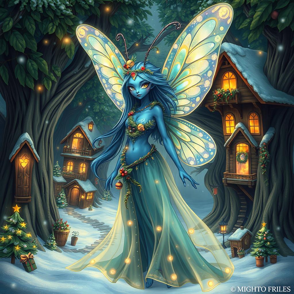 A beautifully detailed digital art image of a blue-skinned female alien moth person, embodying holiday magic with her luminous, iridescent wings that sparkle with festive lights