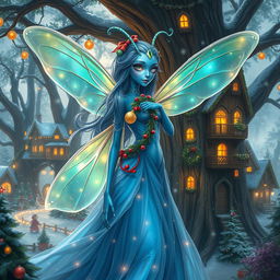 A beautifully detailed digital art image of a blue-skinned female alien moth person, embodying holiday magic with her luminous, iridescent wings that sparkle with festive lights