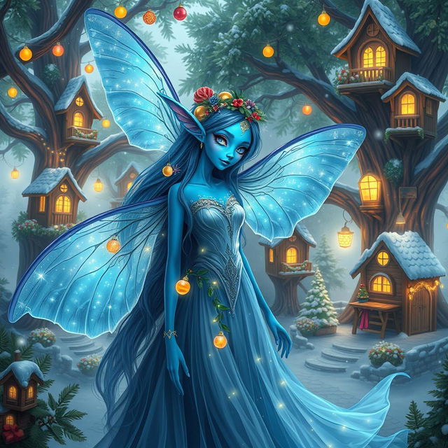 A beautifully detailed digital art image of a blue-skinned female alien moth person, embodying holiday magic with her luminous, iridescent wings that sparkle with festive lights