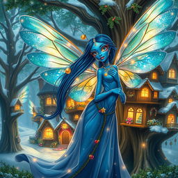 A beautifully detailed digital art image of a blue-skinned female alien moth person, embodying holiday magic with her luminous, iridescent wings that sparkle with festive lights