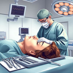 A detailed and realistic illustration of a rhinoplasty procedure in a modern surgical setting