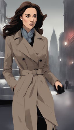 A Disney-style digital art piece with noir aesthetics, depicting Kate Middleton, the Duchess of Cambridge, in a detective coat, wandering through the dark, brooding streets of Gotham City at night