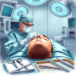 A detailed and realistic illustration of a rhinoplasty procedure in a modern surgical setting