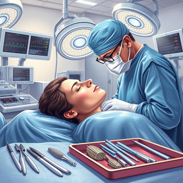 A detailed and realistic illustration of a rhinoplasty procedure in a modern surgical setting