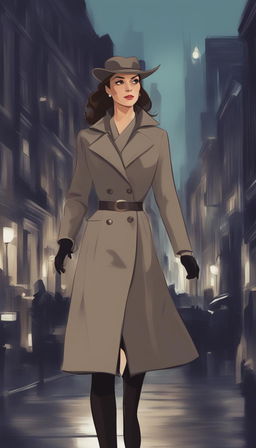 A Disney-style digital art piece with noir aesthetics, depicting Kate Middleton, the Duchess of Cambridge, in a detective coat, wandering through the dark, brooding streets of Gotham City at night