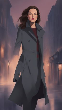 A Disney-style digital art piece with noir aesthetics, depicting Kate Middleton, the Duchess of Cambridge, in a detective coat, wandering through the dark, brooding streets of Gotham City at night