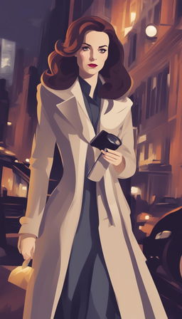 A Disney-style digital art piece with noir aesthetics, depicting Kate Middleton, the Duchess of Cambridge, in a detective coat, holding a magnifying glass, navigating the dark, brooding streets of Gotham City at night