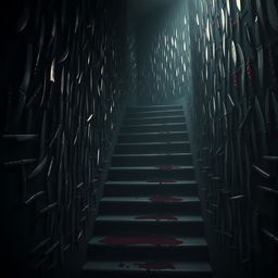 In a shadowy room overflowing with a labyrinth of stairs climbing in all directions, each step surrounded by a collection of knives hanging on the wall next to the stairs