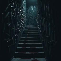 In a shadowy room overflowing with a labyrinth of stairs climbing in all directions, each step surrounded by a collection of knives hanging on the wall next to the stairs