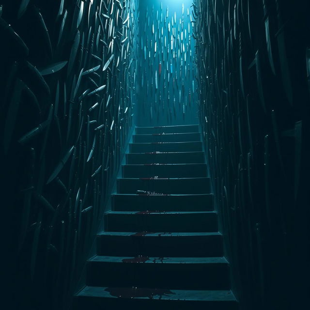 In a shadowy room overflowing with a labyrinth of stairs climbing in all directions, each step surrounded by a collection of knives hanging on the wall next to the stairs