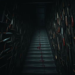 In a shadowy room overflowing with a labyrinth of stairs climbing in all directions, each step surrounded by a collection of knives hanging on the wall next to the stairs