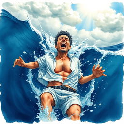 A dramatic scene depicting a man struggling to swim and escape from the deep blue sea