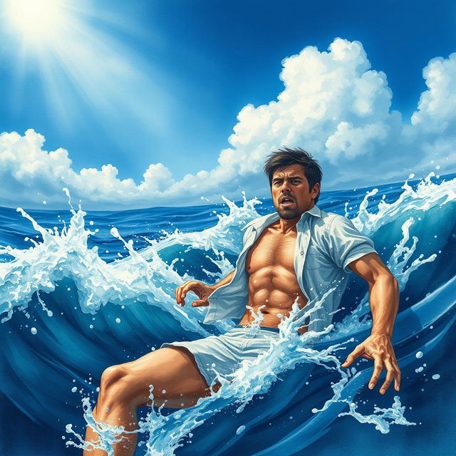 A dramatic scene depicting a man struggling to swim and escape from the deep blue sea