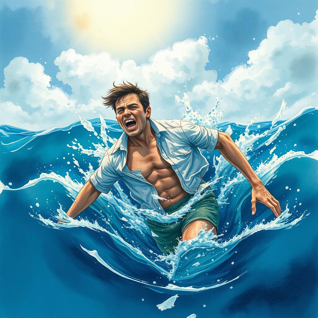 A dramatic scene depicting a man struggling to swim and escape from the deep blue sea