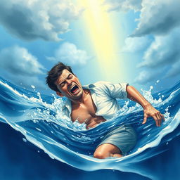 A dramatic scene depicting a man struggling to swim and escape from the deep blue sea