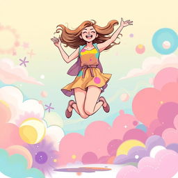 A vibrant and dynamic illustration of a playful woman energetically jumping in the air, with a joyous expression, against a colorful, whimsical background