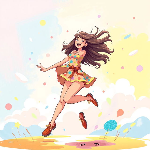 A vibrant and dynamic illustration of a playful woman energetically jumping in the air, with a joyous expression, against a colorful, whimsical background