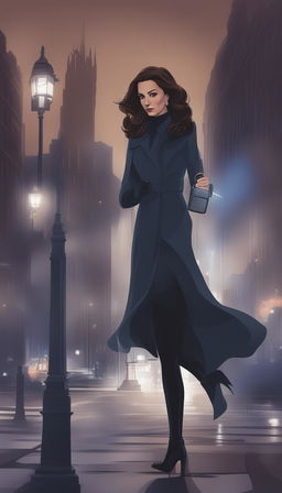 A Disney-style digital art piece with noir aesthetics, depicting Kate Middleton, the Duchess of Cambridge, in a detective coat, holding a magnifying glass, navigating the dark, brooding streets of Gotham City at night