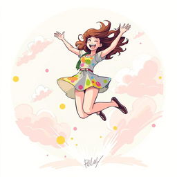 A vibrant and dynamic illustration of a playful woman energetically jumping in the air, with a joyous expression, against a colorful, whimsical background