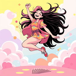 A vibrant and dynamic illustration of a playful woman energetically jumping in the air, with a joyous expression, against a colorful, whimsical background