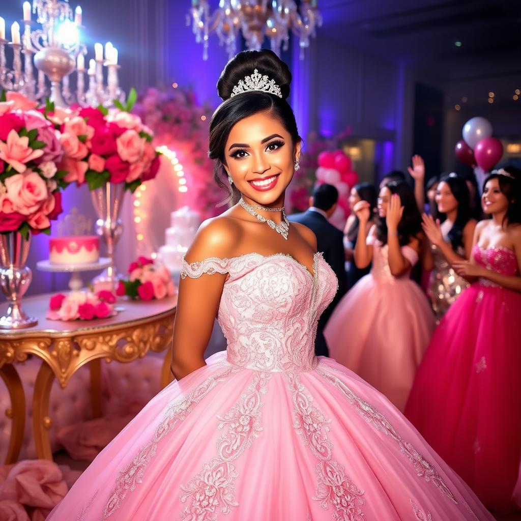 A glamorous quinceanera celebration featuring a beautiful young woman in an elegant pink ball gown with intricate lace and embroidery, surrounded by lavish decorations such as vibrant flowers and sparkling lights