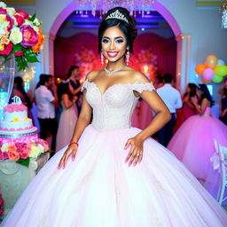 A glamorous quinceanera celebration featuring a beautiful young woman in an elegant pink ball gown with intricate lace and embroidery, surrounded by lavish decorations such as vibrant flowers and sparkling lights