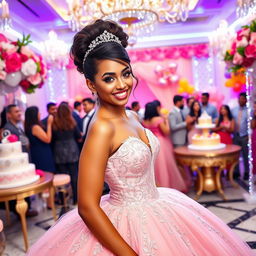 A glamorous quinceanera celebration featuring a beautiful young woman in an elegant pink ball gown with intricate lace and embroidery, surrounded by lavish decorations such as vibrant flowers and sparkling lights