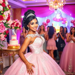 A glamorous quinceanera celebration featuring a beautiful young woman in an elegant pink ball gown with intricate lace and embroidery, surrounded by lavish decorations such as vibrant flowers and sparkling lights