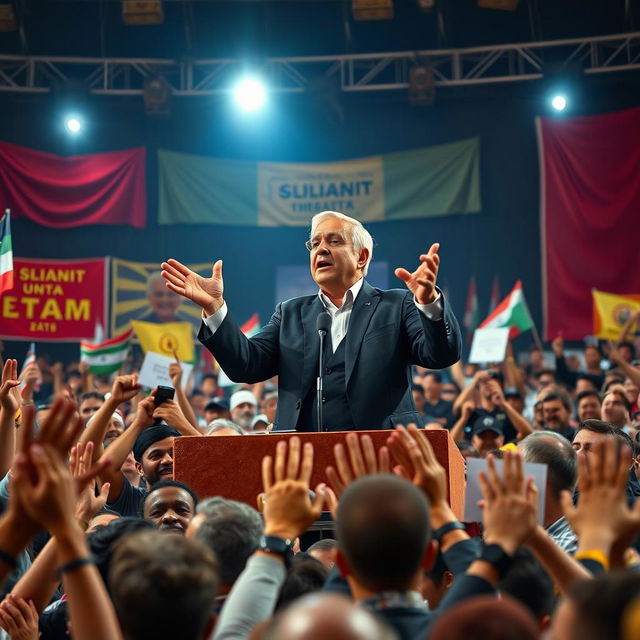 A dramatic scene depicting a political leader on a grand stage, addressing a diverse crowd of passionate people, showcasing a wide array of emotions such as joy, anger, and hope