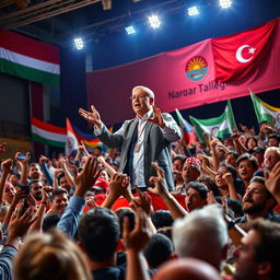 A dramatic scene depicting a political leader on a grand stage, addressing a diverse crowd of passionate people, showcasing a wide array of emotions such as joy, anger, and hope