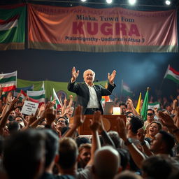 A dramatic scene depicting a political leader on a grand stage, addressing a diverse crowd of passionate people, showcasing a wide array of emotions such as joy, anger, and hope