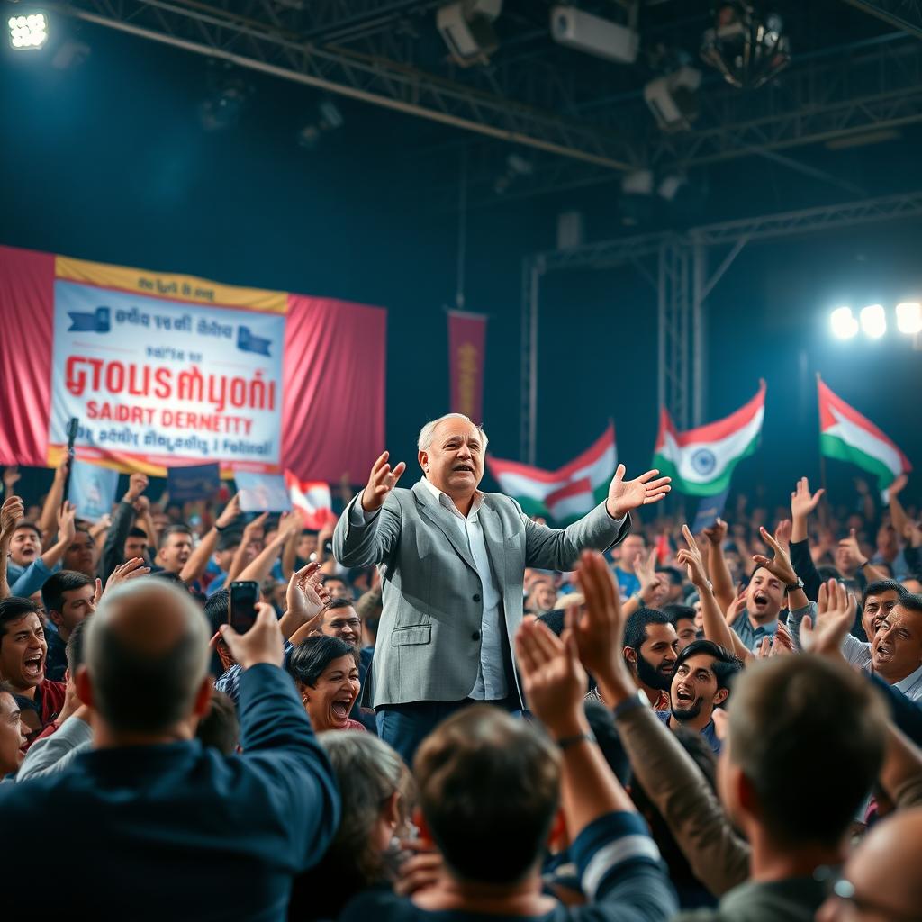 A dramatic scene depicting a political leader on a grand stage, addressing a diverse crowd of passionate people, showcasing a wide array of emotions such as joy, anger, and hope