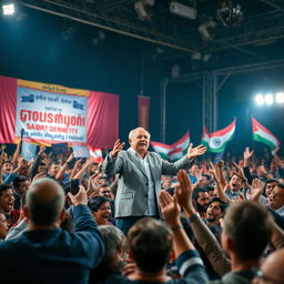 A dramatic scene depicting a political leader on a grand stage, addressing a diverse crowd of passionate people, showcasing a wide array of emotions such as joy, anger, and hope