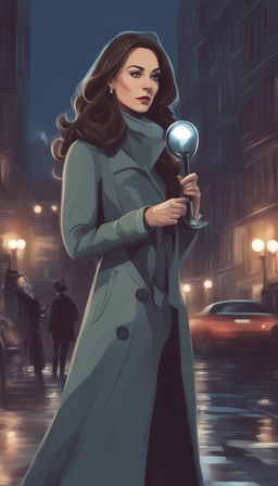 A Disney-style digital art piece with noir aesthetics, depicting Kate Middleton, the Duchess of Cambridge, in a detective coat, holding a magnifying glass, navigating the dark, brooding streets of Gotham City at night