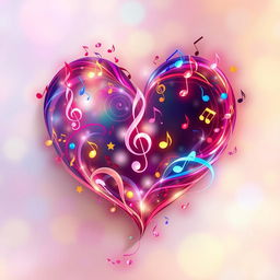 A mesmerizing heart shape formed by vibrant musical notes and symbols, with vibrant colors swirling around it, creating a lively and harmonic atmosphere