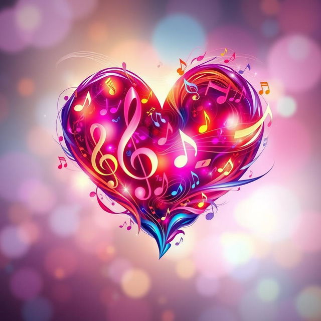 A mesmerizing heart shape formed by vibrant musical notes and symbols, with vibrant colors swirling around it, creating a lively and harmonic atmosphere