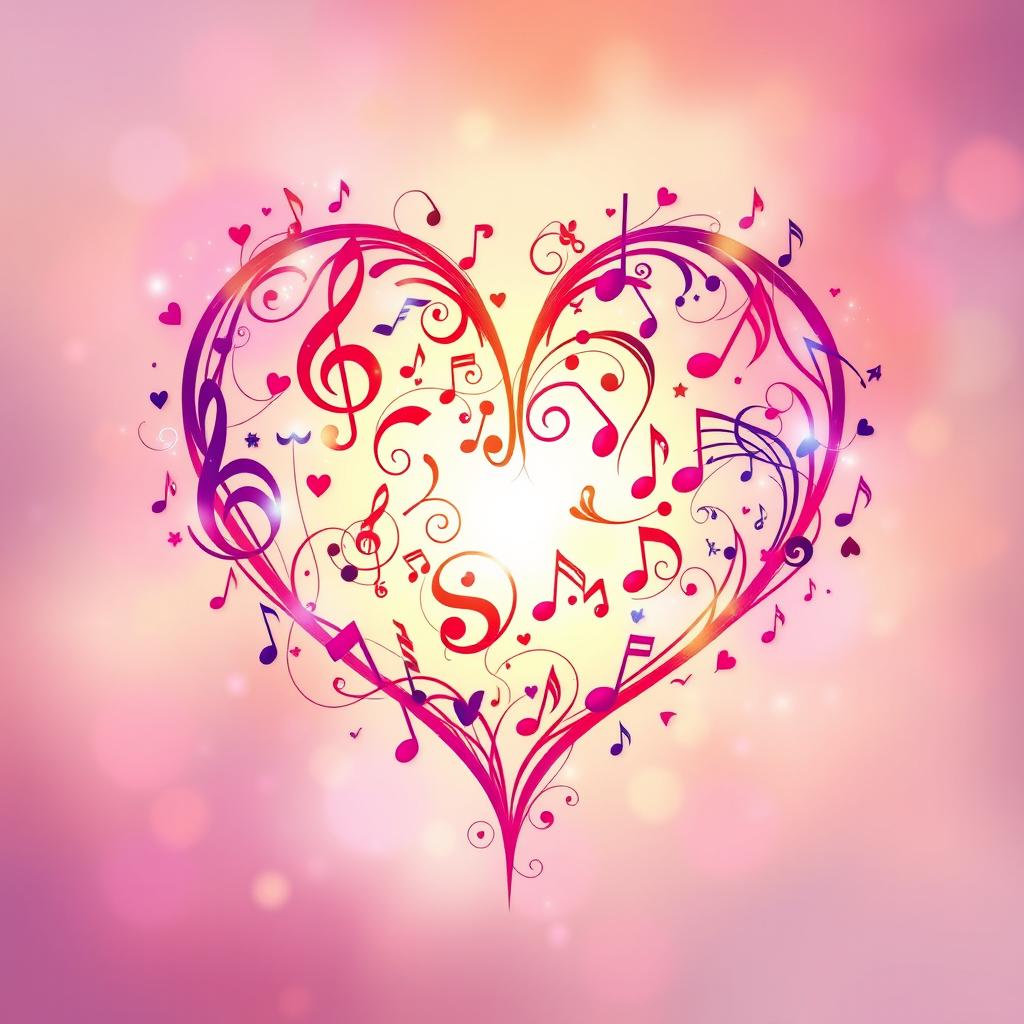 A mesmerizing heart shape formed by vibrant musical notes and symbols, with vibrant colors swirling around it, creating a lively and harmonic atmosphere