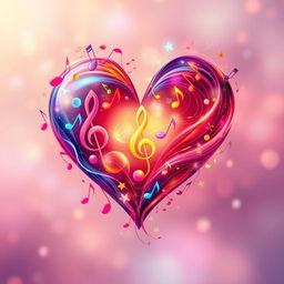 A mesmerizing heart shape formed by vibrant musical notes and symbols, with vibrant colors swirling around it, creating a lively and harmonic atmosphere