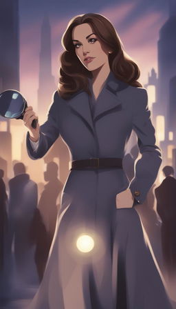 A Disney-style digital art piece with noir aesthetics, depicting Kate Middleton, the Duchess of Cambridge, in a detective coat, holding a magnifying glass, navigating the dark, brooding streets of Gotham City at night