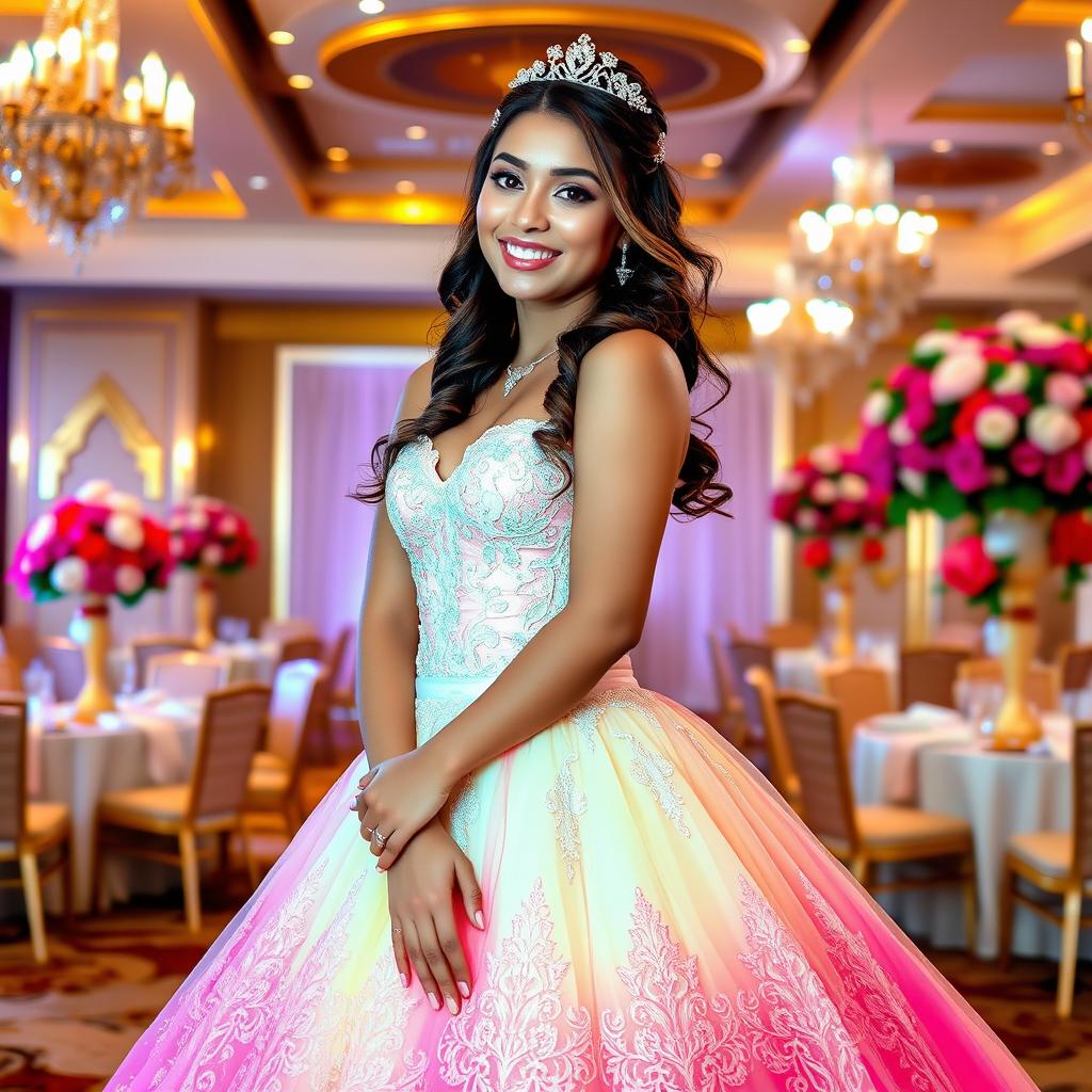 A beautiful young Latina woman in an elegant quinceañera dress, showcasing vibrant colors and intricate lace details