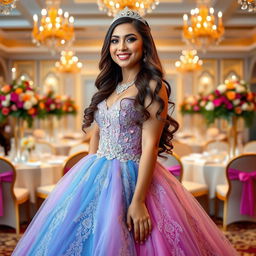 A beautiful young Latina woman in an elegant quinceañera dress, showcasing vibrant colors and intricate lace details