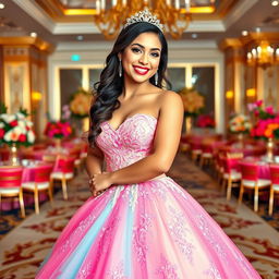 A beautiful young Latina woman in an elegant quinceañera dress, showcasing vibrant colors and intricate lace details