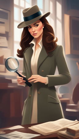 A Disney-style digital art piece depicting Kate Middleton, the Duchess of Cambridge, in a detective coat and hat, meticulously examining a crime scene with a magnifying glass