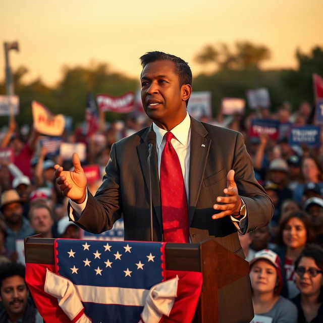 A charismatic populist political leader addressing a large crowd at a rally