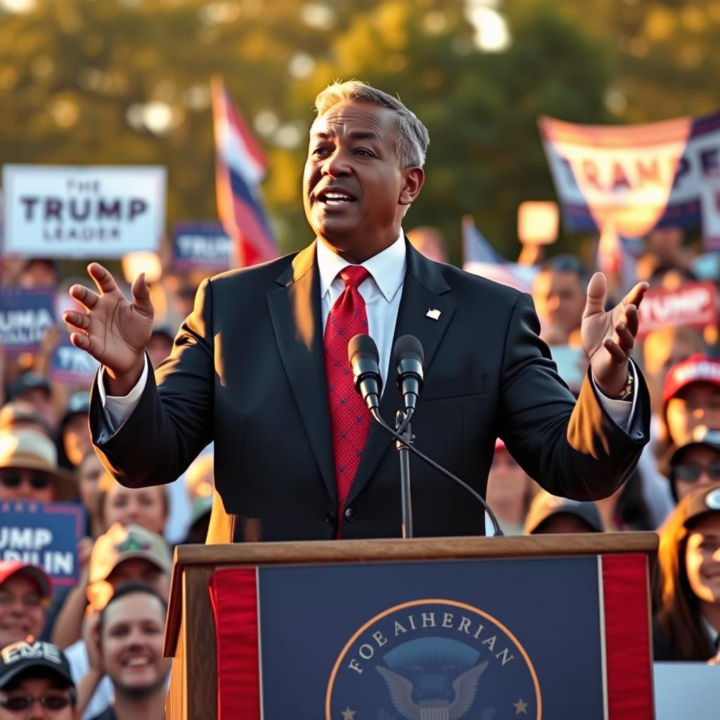 A charismatic populist political leader addressing a large crowd at a rally