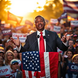 A charismatic populist political leader addressing a large crowd at a rally