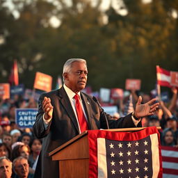 A charismatic populist political leader addressing a large crowd at a rally
